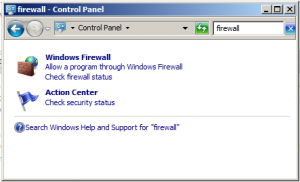 Windows 7 Control Panel search for Firewall